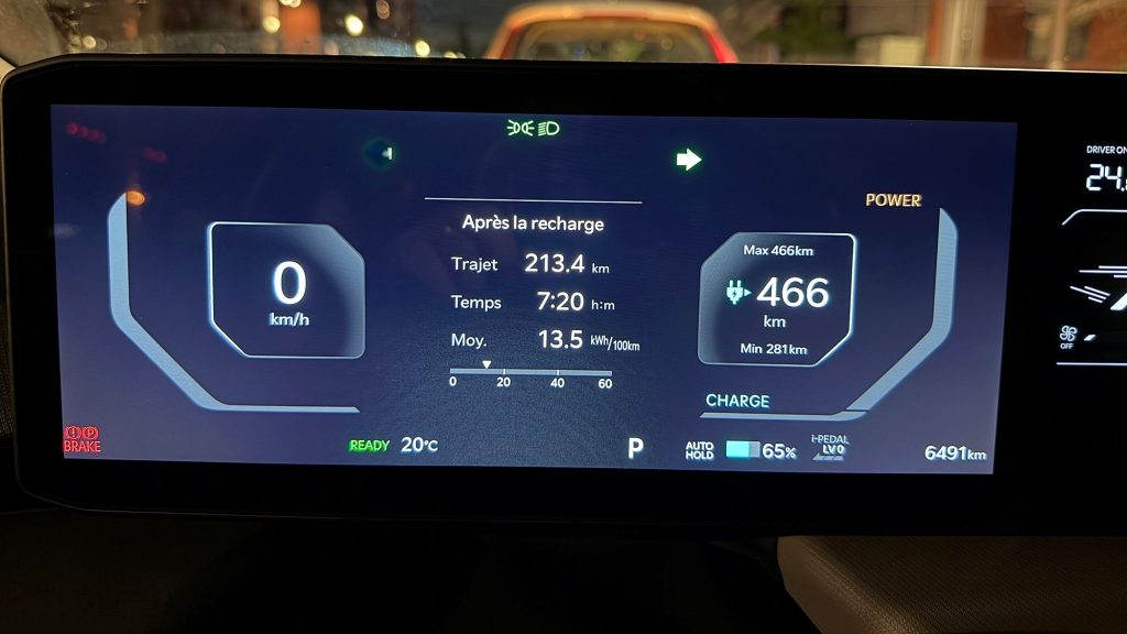 Combiné de la Kia EV4 Wind Premium 2026 après 213 km : 13,5 kWh/100 km et 466 km restants à 65 % de charge